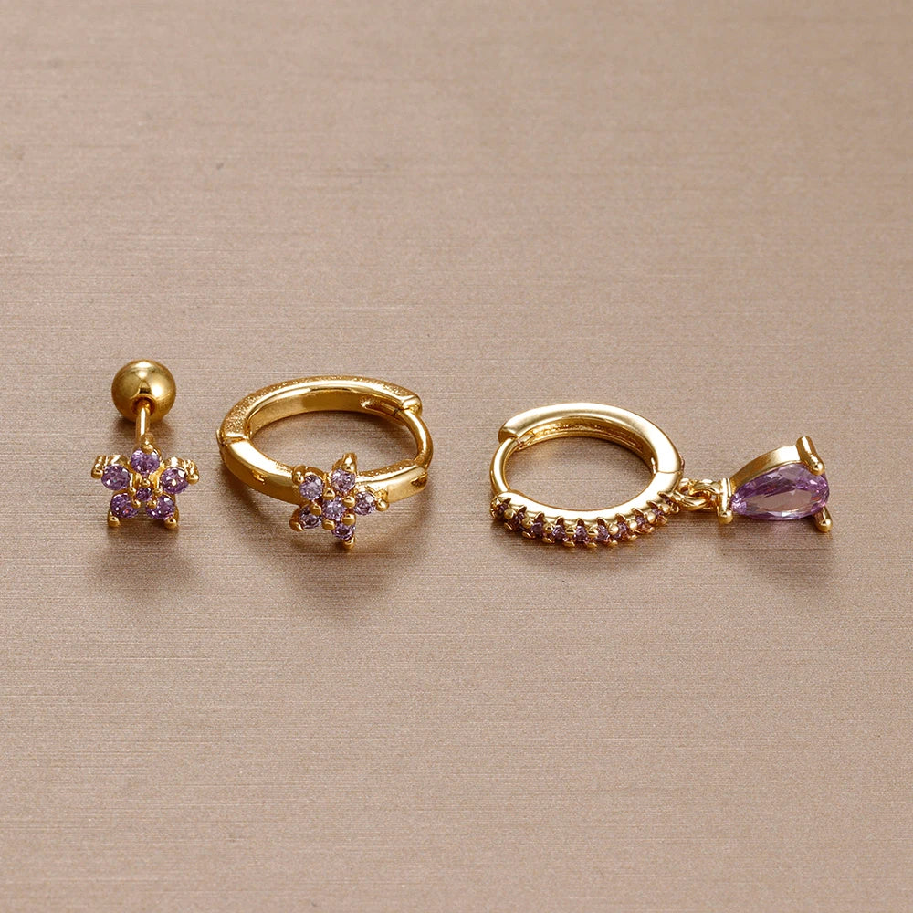3pcs Purple Cubic Zirconia Piercing Earring Set Stainless Steel