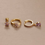 3pcs Purple Cubic Zirconia Piercing Earring Set Stainless Steel
