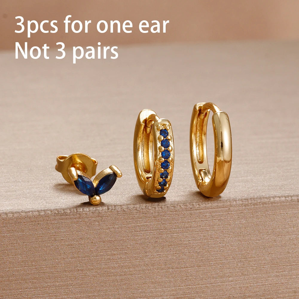 3PCS Cute Flower Stainless Steel Blue Zircons Small Hoop Earrings