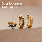 3PCS Cute Flower Stainless Steel Blue Zircons Small Hoop Earrings