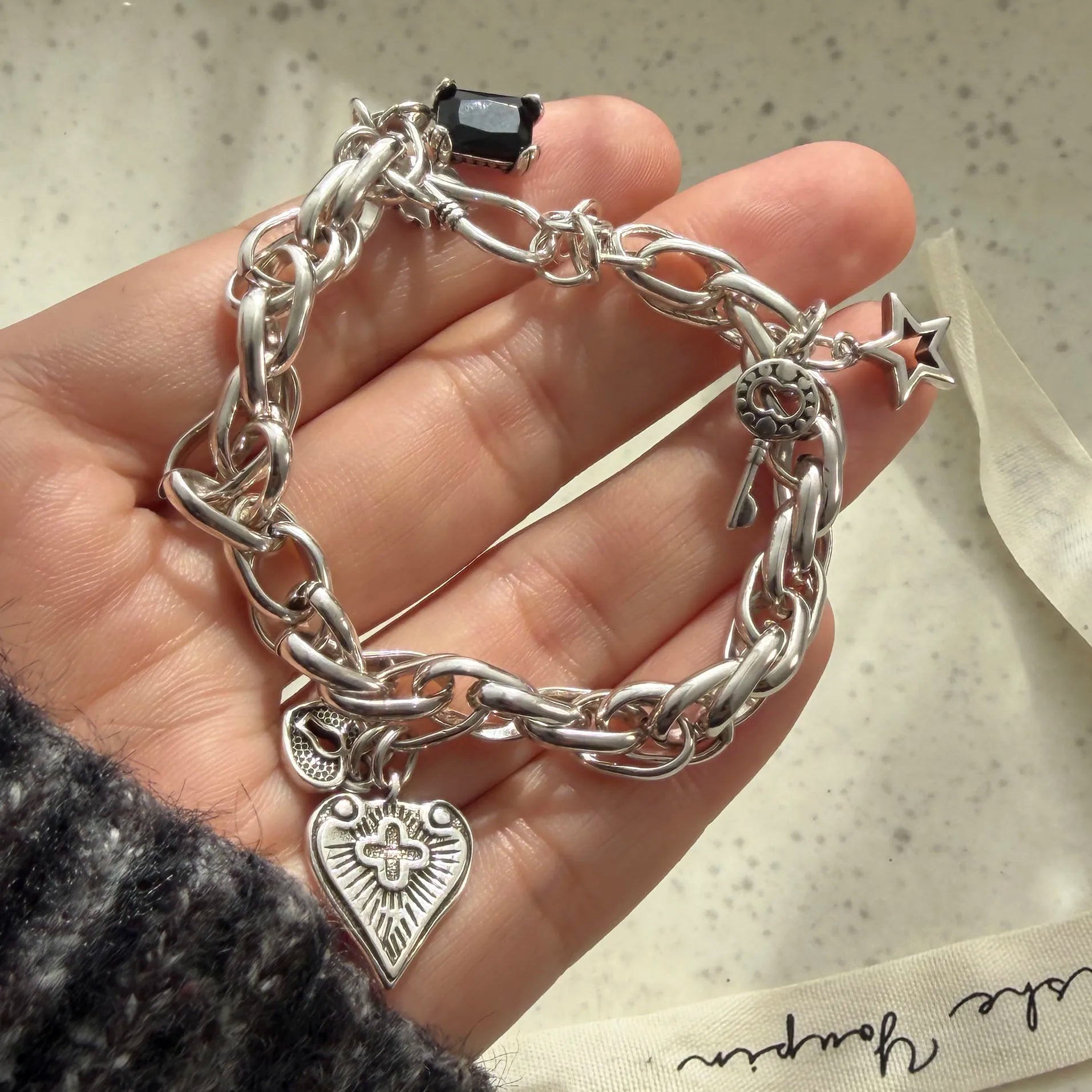 100% Solid 925 Sterling Silver Metal Bracelet for Women Men Vintage Heart Letters Handmade Simple Birthday Gift