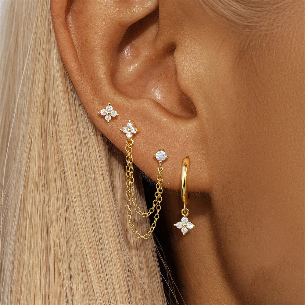 Exquisite Green Zircon Flower Hoop Earrings 18K Gold Plated Steel