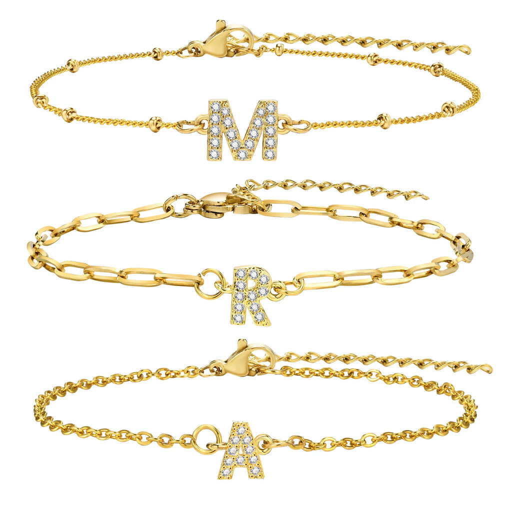 Charms Pave Initial Letter Bracelet, Paperclip Satellite Chain Stainless Steel Gold Plated, Handmade Jewelry for Women