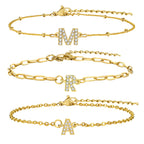 Charms Pave Initial Letter Bracelet, Paperclip Satellite Chain Stainless Steel Gold Plated, Handmade Jewelry for Women