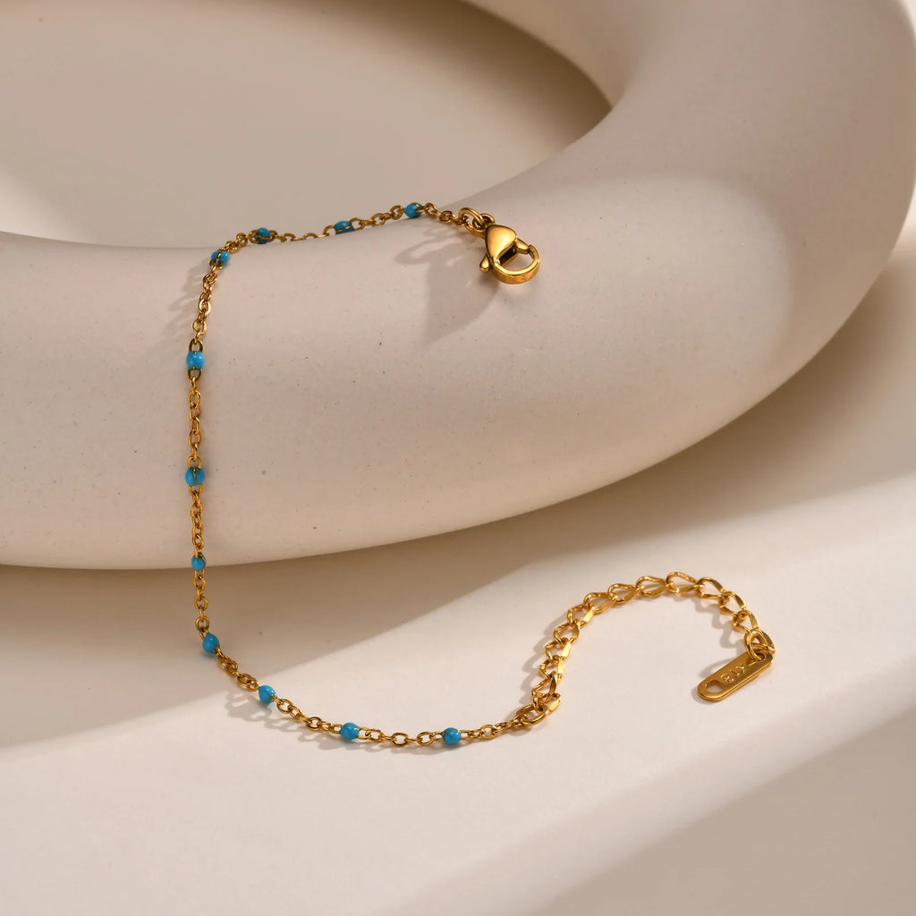 Stainless Steel Chain Bracelet for Women, Colorful Beads Summer 18k Gold Plated, Stainless Steel Waterproof Wrist Jewelry