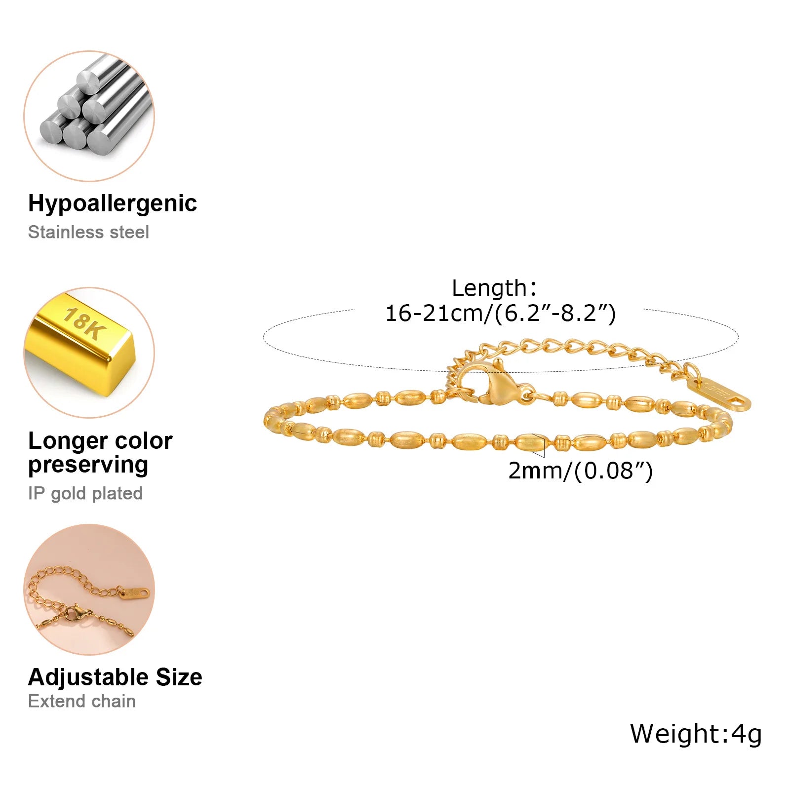 Gold Plated Link Bracelet for Women, Stainless Steel Stackable Chain Wristband, Adjustable Waterproof Jewelry