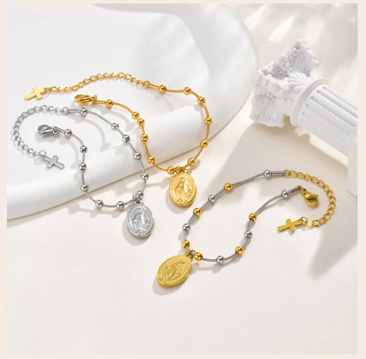 Two Tone Stainless Steel Virgin Mary Bracelet for Women, Rosary Beaded Cross Bracelets, Non Tarnish Religious Jewelry
