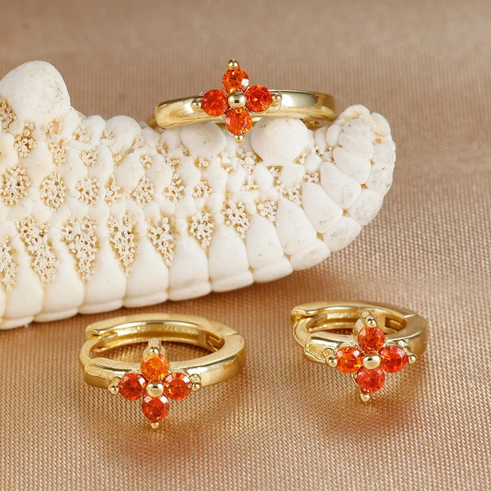 3PCS Simple Flower Zircon Hoop Earrings 18K Gold Plated Steel
