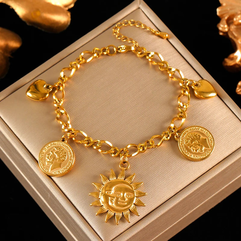 Golden Sun Moon Starfish Stainless Steel Bracelet Handmade Wrist Chain