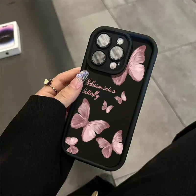 Pink Butterfly Silicone Case for iPhone 17 16 15 14 13 12 11 Pro Max Plus
