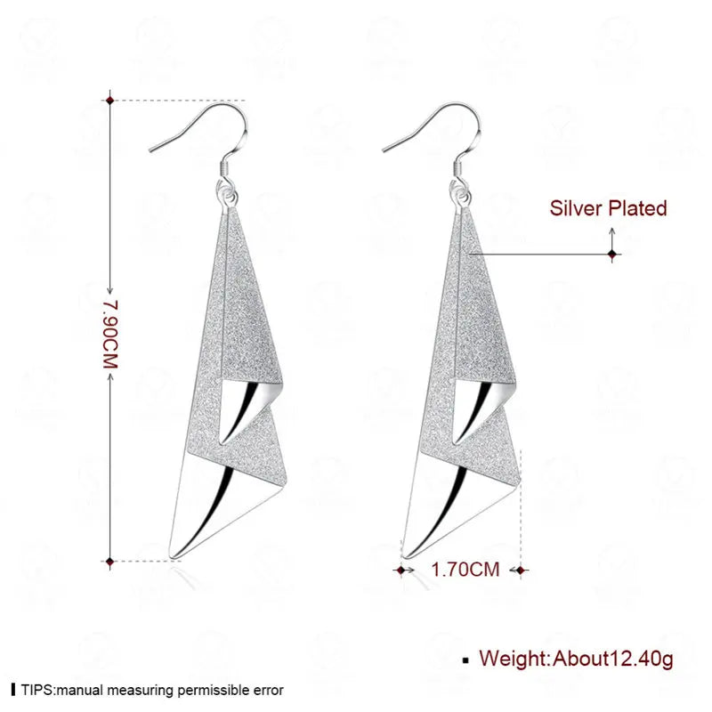 925 Sterling Silver 79mm Frosted Long Earrings Women Fashion Wedding Jewellery