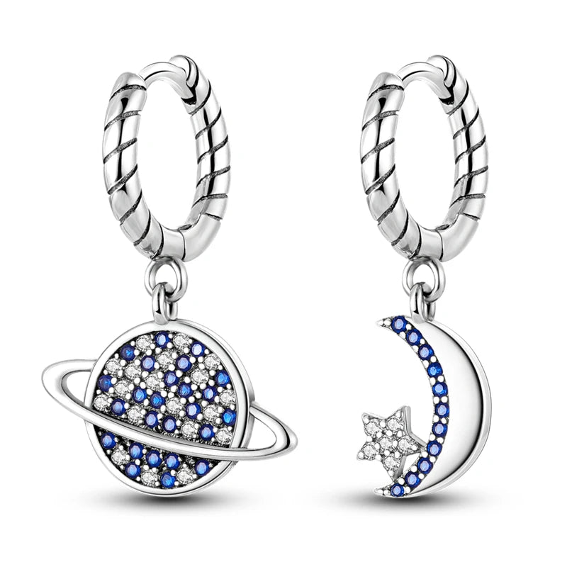 925 Sterling Silver Star Moon Sun Tassel Versatile Hoop Earrings Fine Gift