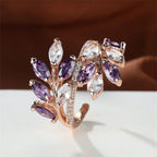 Marquise Cut Royal Blue Green Purple Pink Zircon Leaf Rings For Women Rose Gold Color Boho Cocktail Ring Wedding Bands Jewelry