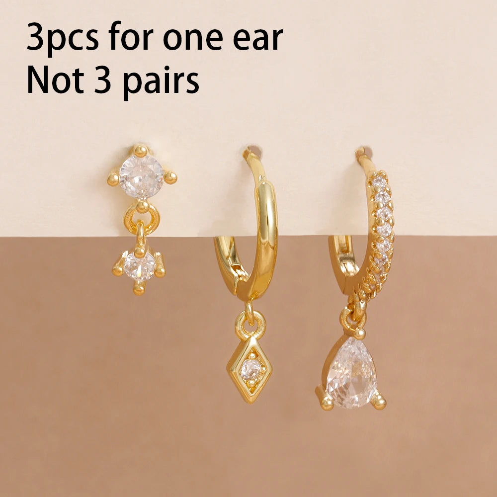 3PCS Stainless Steel Rhombus Pendant Hoop Earrings 18K Gold Plated