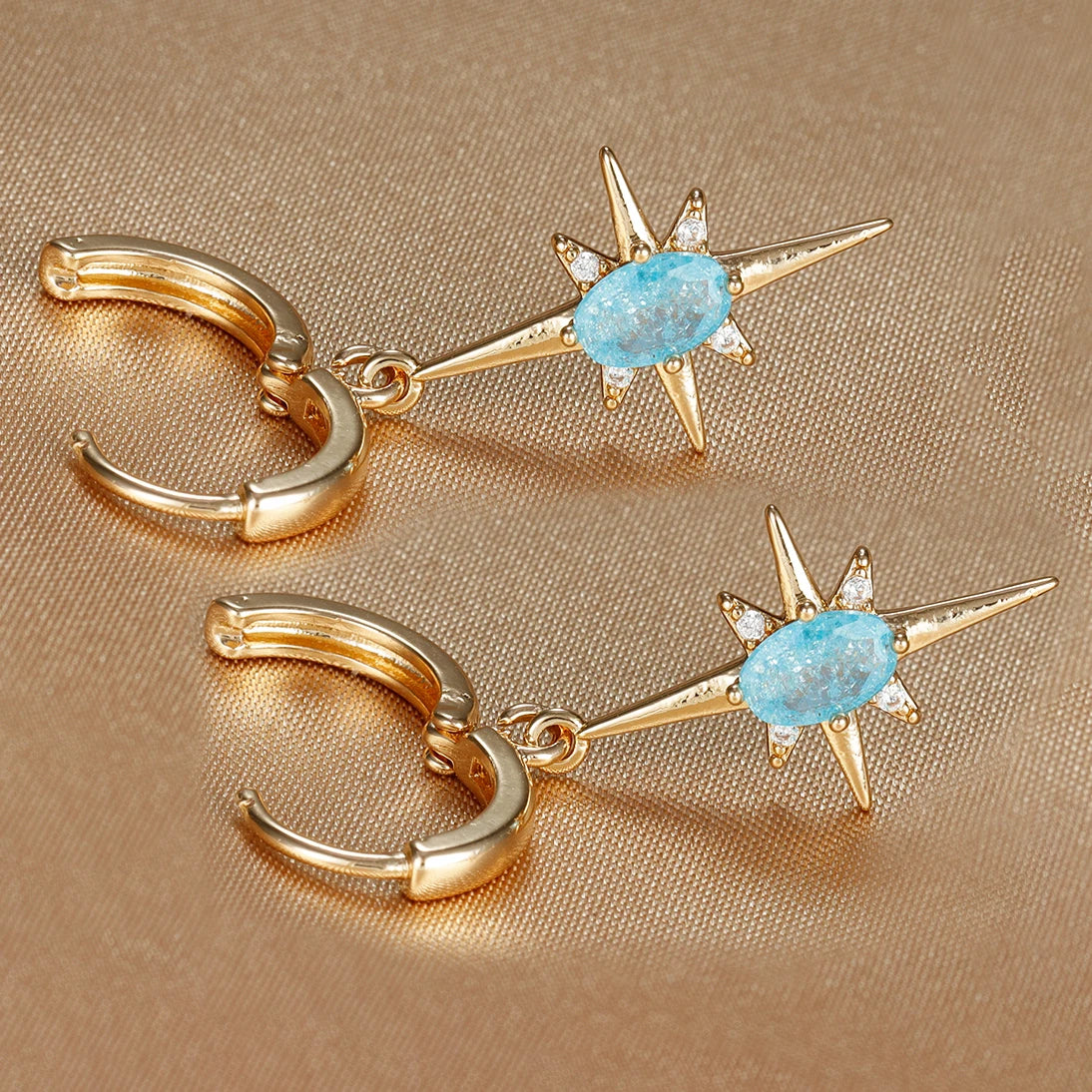 2PCS Simple Stainless Steel Star Hoop Earrings Gold Colour Zirconia