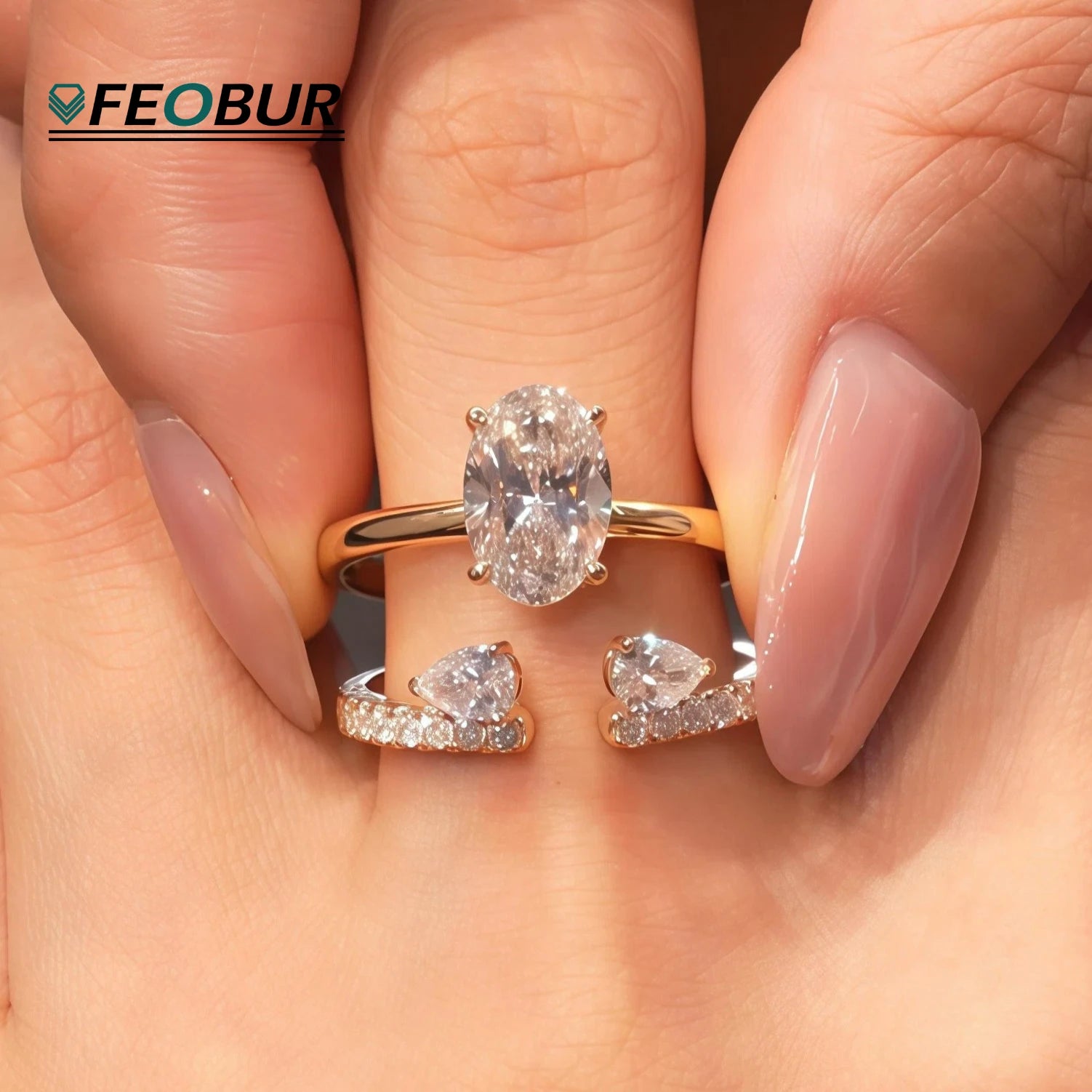 2ct Oval Moissanite Ring Set with Side Pear Diamond Stackable Wedding Band 925 Sterling Silver