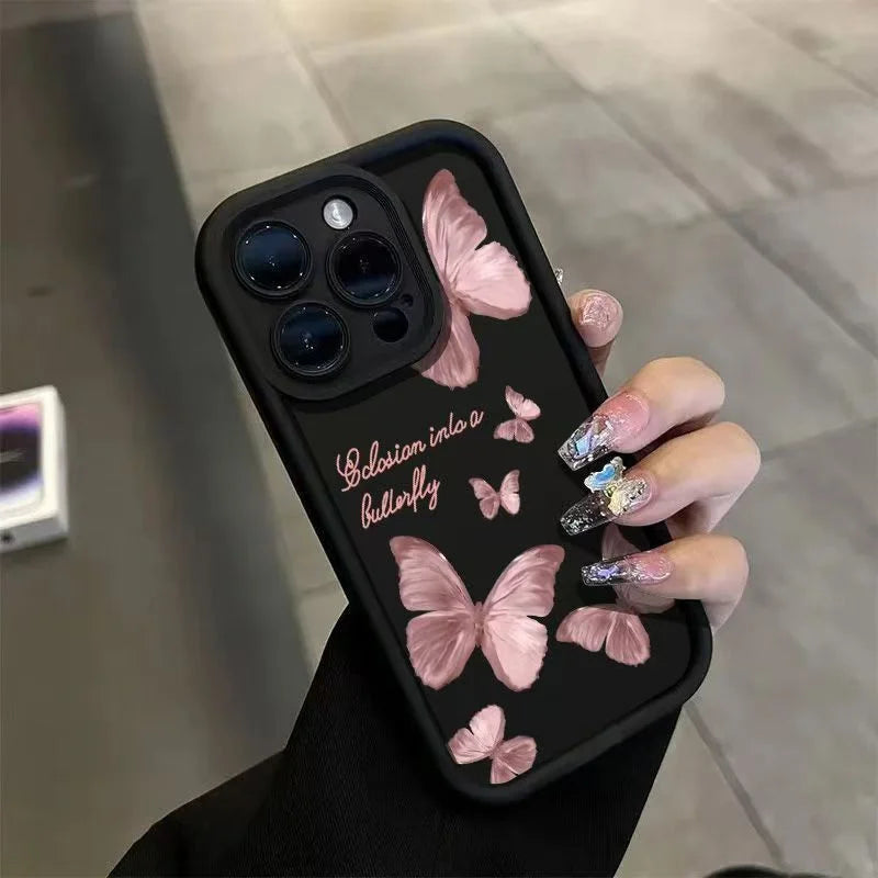 Pink Butterfly Silicone Case for iPhone 17 16 15 14 13 12 11 Pro Max Plus