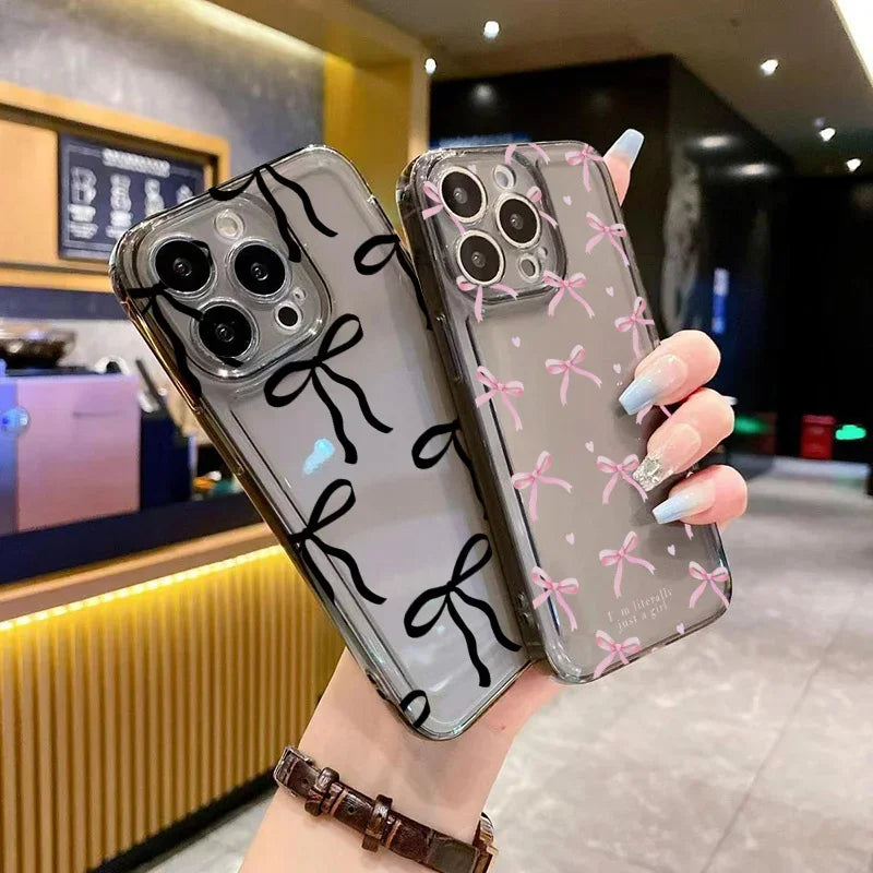 Cute Pink Bow Clear Case for iPhone 16 15 14 13 12 11 Pro Max XR XS 7 8 Plus