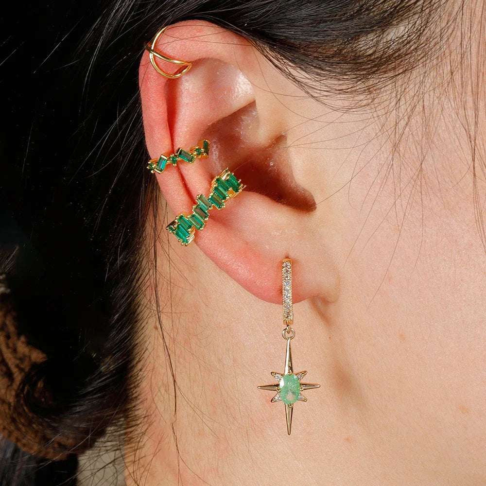 2PCS Simple Stainless Steel Star Hoop Earrings Gold Colour Zirconia