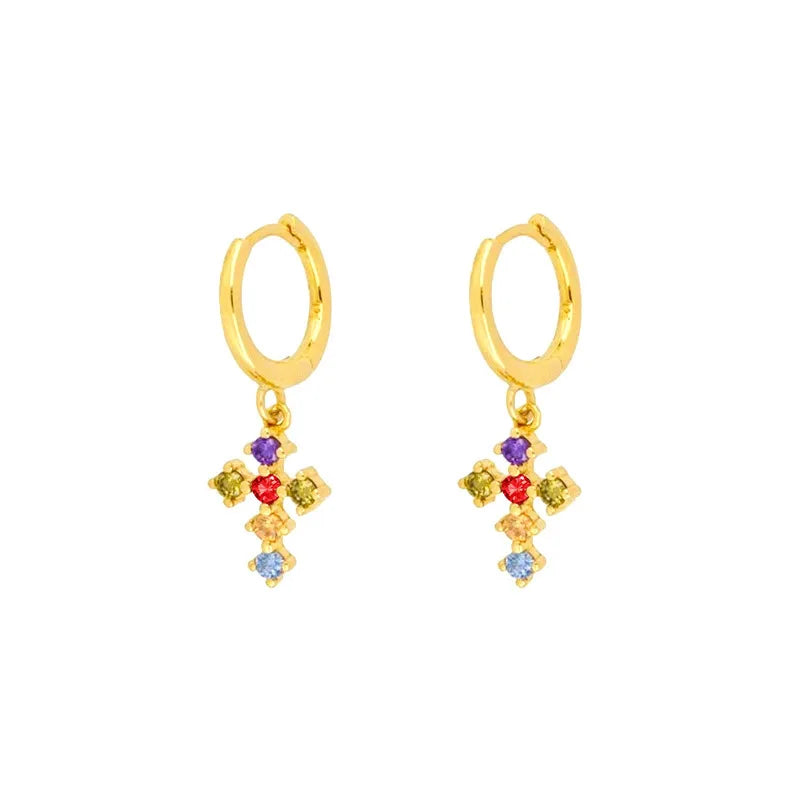 2PCS Pink Zircon Water Drop Chain Link Hanging Earrings Cross Dangle