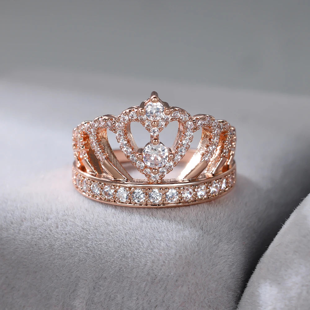 Classic Heart Crown Rings For Women Rose Gold Silver Color Inlay White Zircon Promise Engagement Wedding Bands Mothers Day Gifts
