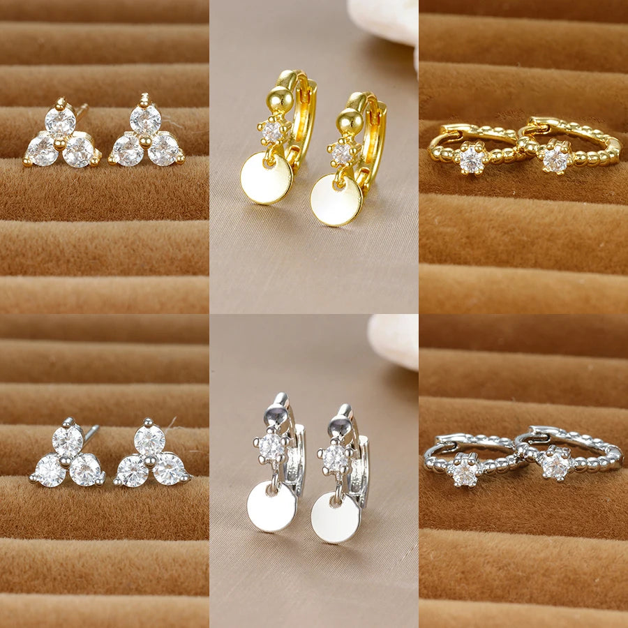 2023 Simple Crystal Zircon Small Hoop Earrings Disc Pendant Piercing