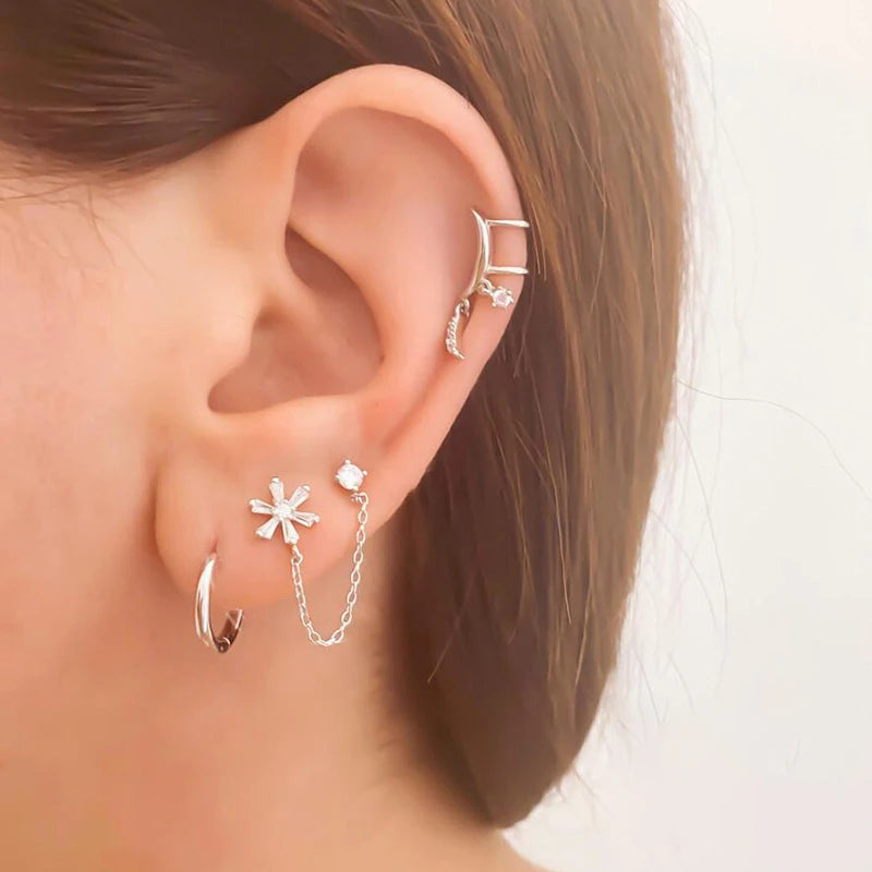 Fashion Stainless Steel Zirconia Chain Small Hoop Earrings Flower Pendant