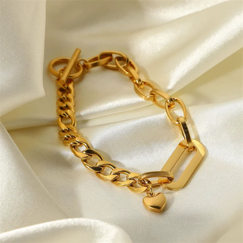 Gold Colour Stainless Steel Bangle 18K Plated Heart Wrist Chain