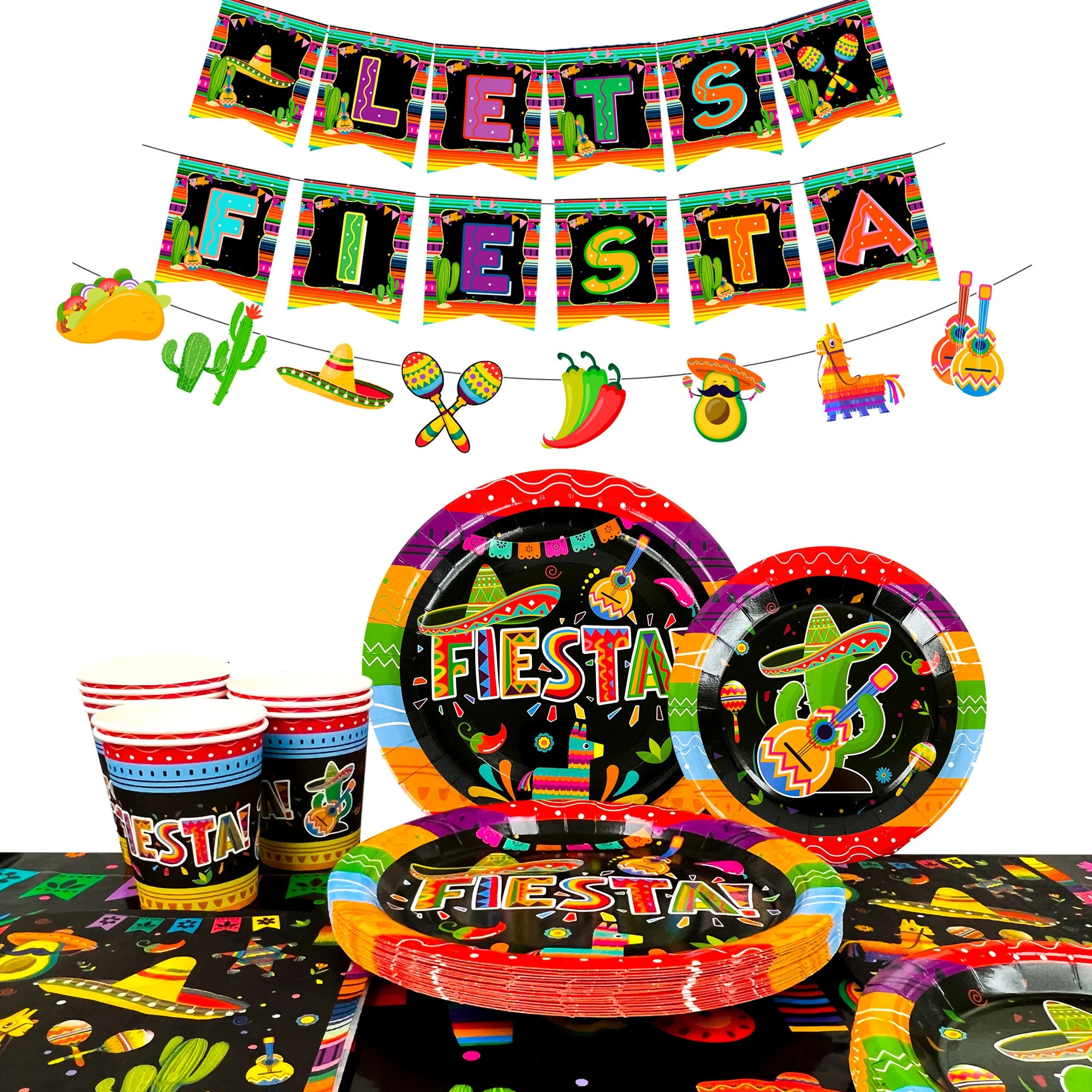 90pc Mexican Fiesta Party Tableware Set Plates Cups Napkins - Ship from UK