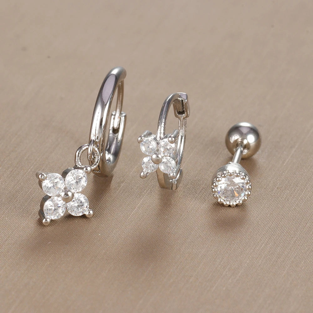 3PCS Vintage Design Four Flower Zircon Hoop Earrings Set Steel