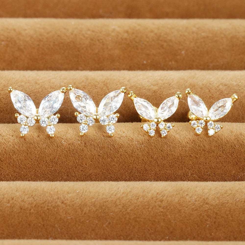 Vintage Gold Plated Stainless Steel Butterfly Studs Snowflake Zircon