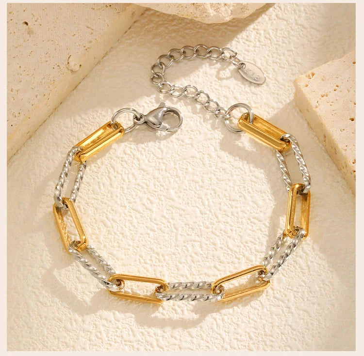 Two Tone Twist Link Paperclip Bracelet for Women, Chunky Stainless Steel Bracelet Adjustable Link, 18k Gold Plated Jewelry