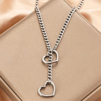 Womens Heart O-Ring Slip Chain Necklace Punk Rock Stainless Steel Cuban Long Necklace Jewelry Adjustable Lariat Y-Necklace Key