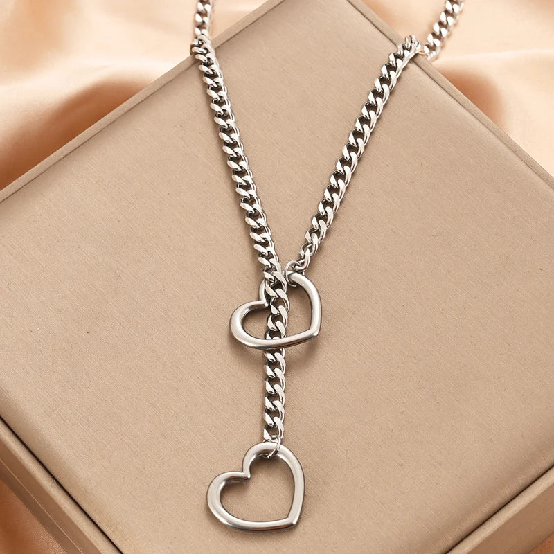 Womens Heart O-Ring Slip Chain Necklace Punk Rock Stainless Steel Cuban Long Necklace Jewelry Adjustable Lariat Y-Necklace Key
