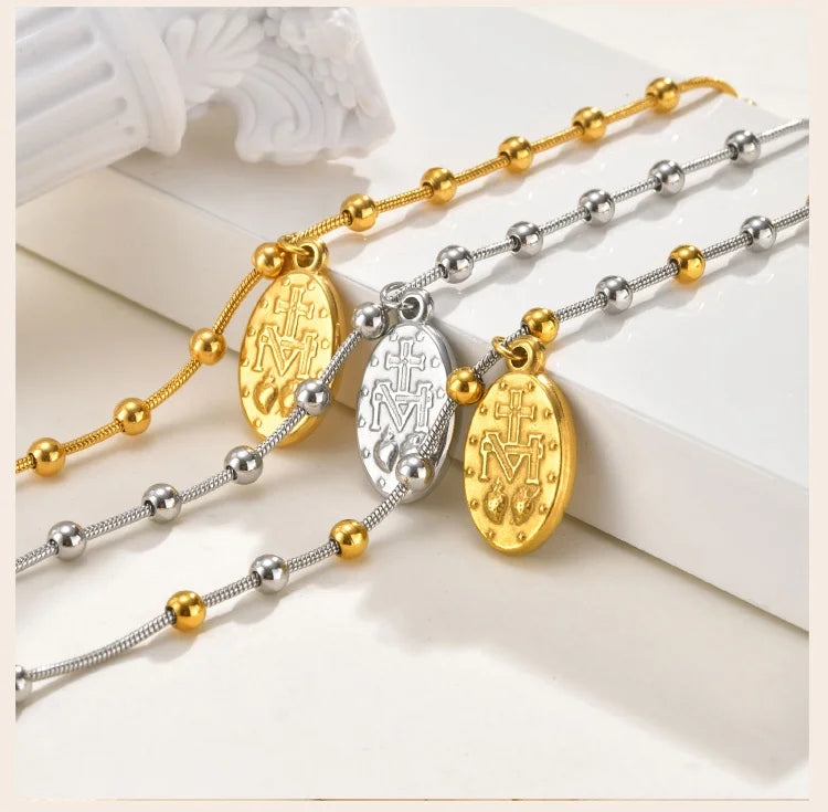 Two Tone Stainless Steel Virgin Mary Bracelet for Women, Rosary Beaded Cross Bracelets, Non Tarnish Religious Jewelry