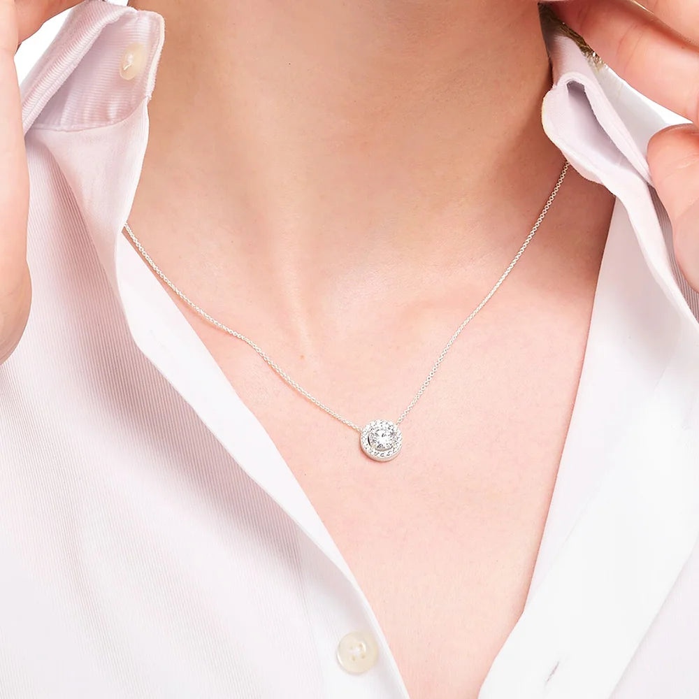 Halo Round Zircon Necklace 925 Sterling Silver Classic Fine Jewellery Gift
