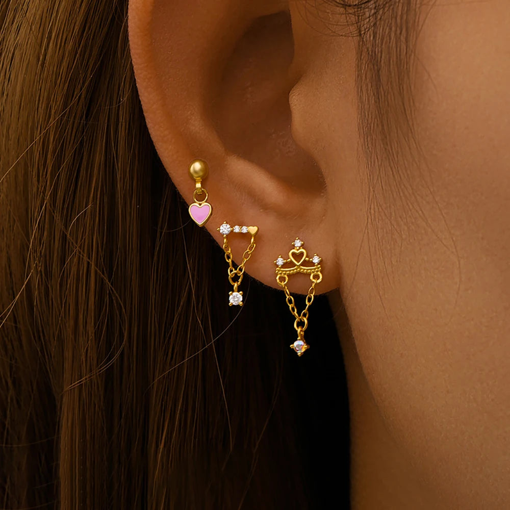 3PCS Stainless Steel Heart-Shaped Dangling Earrings Tassel Chain
