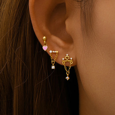 3PCS Stainless Steel Heart-Shaped Dangling Earrings Tassel Chain