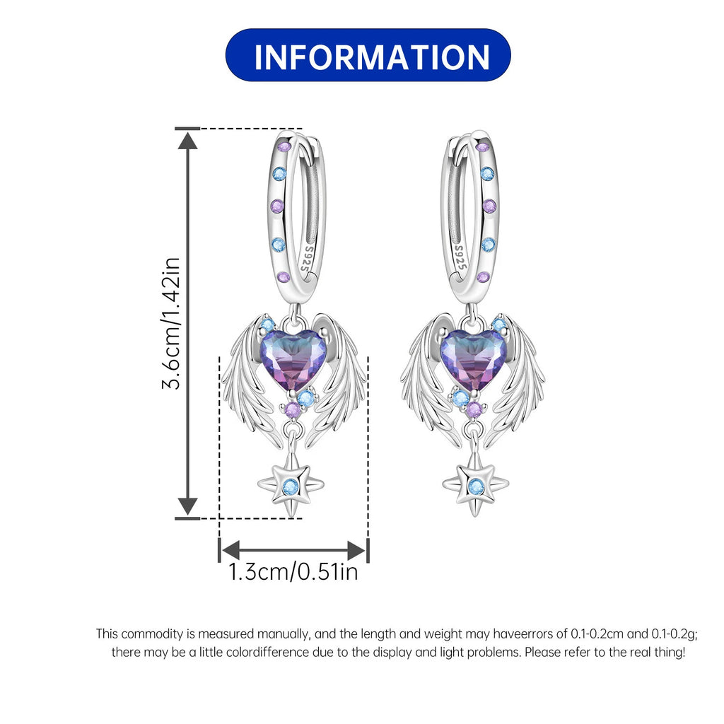 925 Sterling Silver Wings Guardian Love Heart Drop Earrings Trendy Jewellery