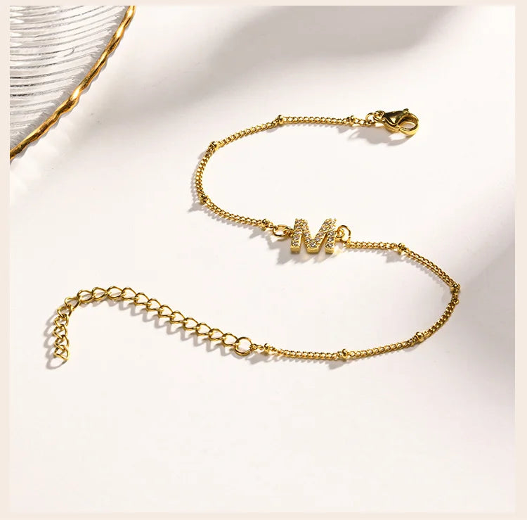 Charms Pave Initial Letter Bracelet, Paperclip Satellite Chain Stainless Steel Gold Plated, Handmade Jewelry for Women