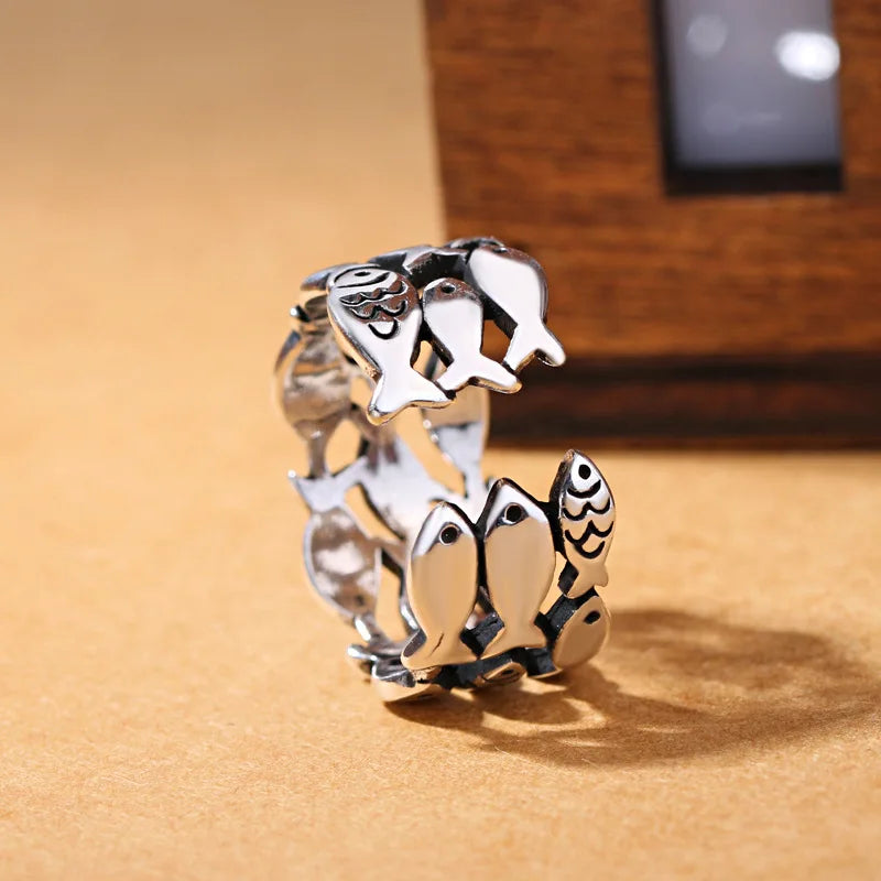 925 Sterling Silver Three Layers Fish Adjustable Ring Engagement Wedding Vintage Accessory