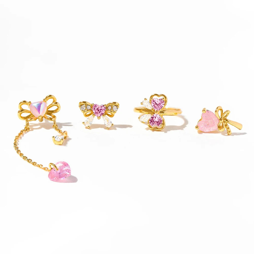 2PCS Pink Zircon Chain Tassel Bowknot Drop Earrings Sweet Pendant