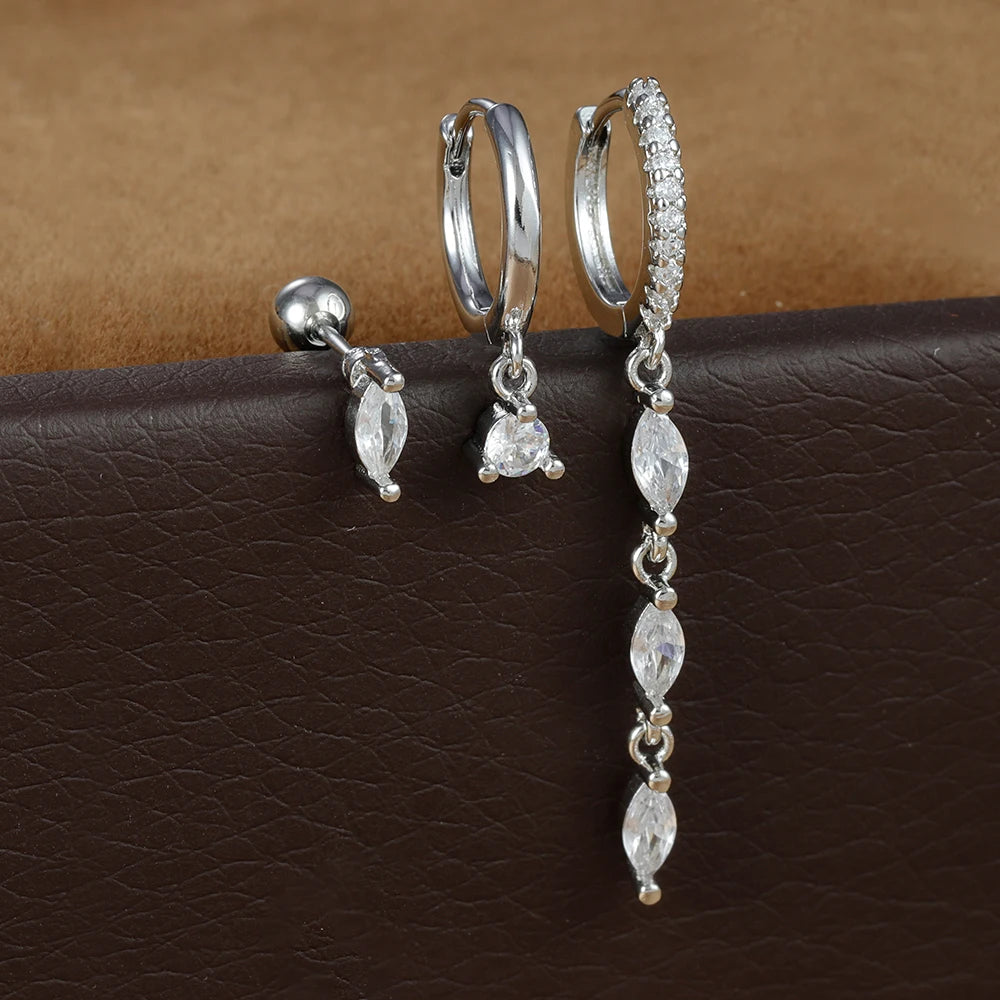 3pcs Vintage Stainless Steel Tassel Geometric Pendant Earrings Set