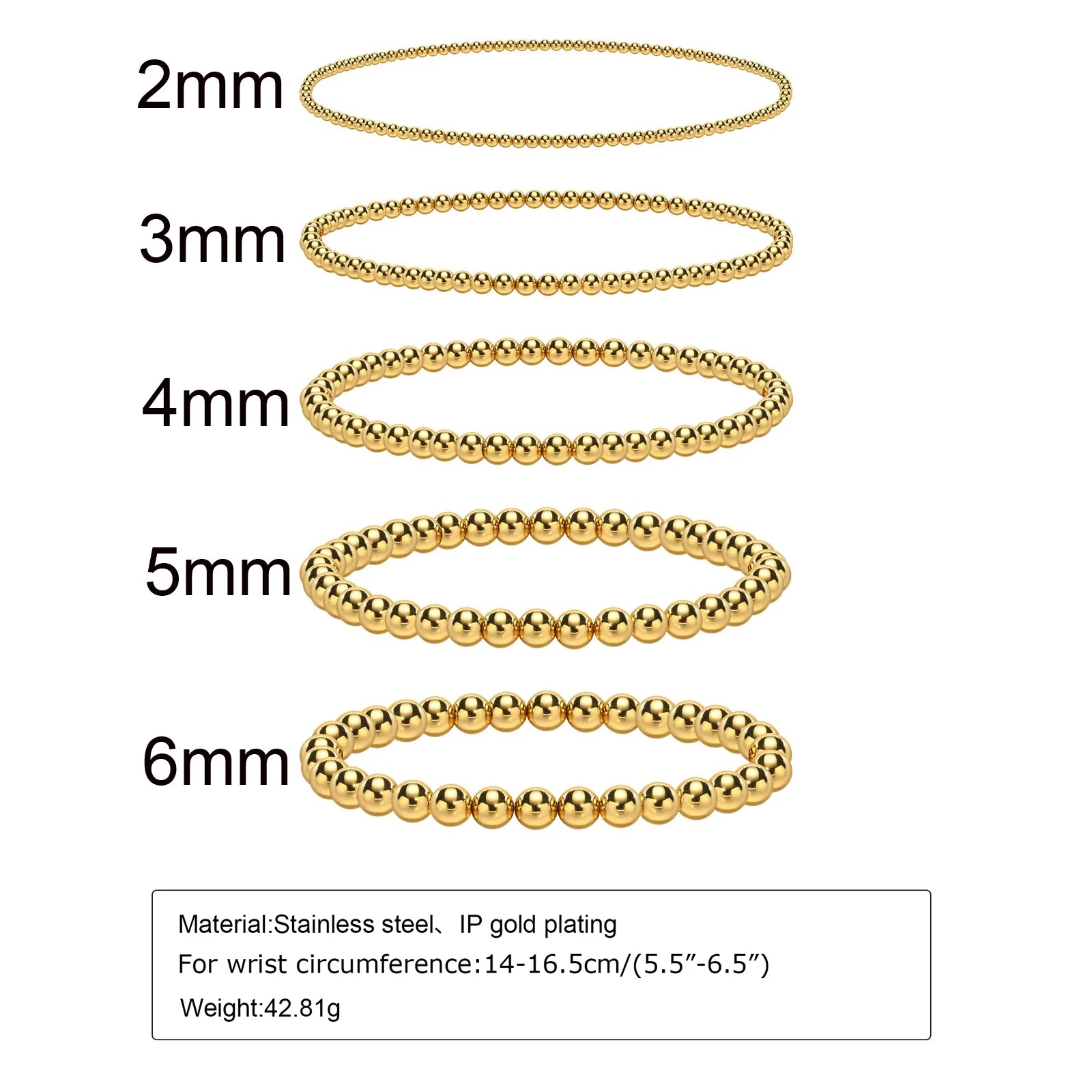 Gold Plated Beaded Braceletfor Women, Stainless Steel Stackable Stretchable Bead Ball Bracelet Hypoallergenic