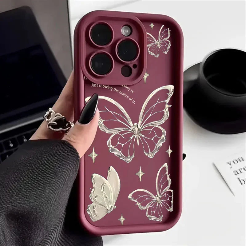 Pink Butterfly Silicone Case for iPhone 17 16 15 14 13 12 11 Pro Max Plus
