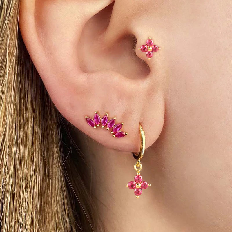 3PCS Zircon Flower Pendant Earring Sets Stainless Steel Cartilage