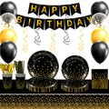 Black and Gold Party Tableware Set Plates Napkins Serves 16 - Ship from UK