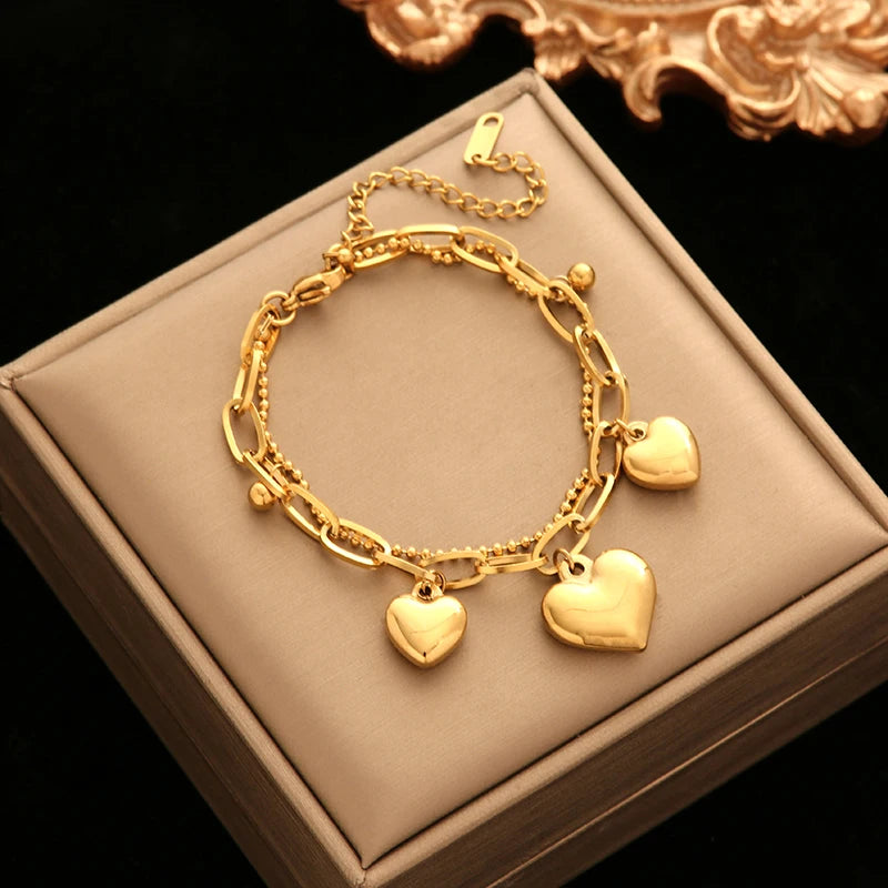 Reversible Heart Stainless Steel Charm Bracelet 18K Gold Plated Waterproof