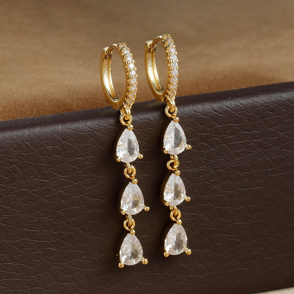 2PCS Luxury Stainless Steel Water Drop Pendant Earrings CZ Zircon