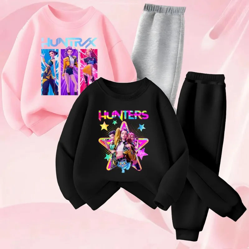 K-pop Girls Cartoon Print Hoodie and Joggers 2-Piece Set Casual Tracksuit